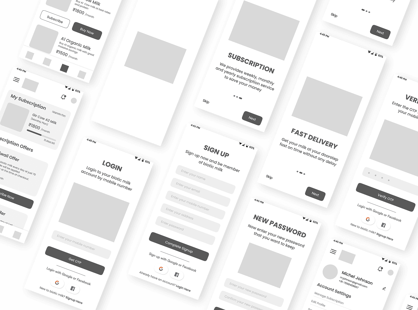 High-fidelity mobile wireframes for the product flow