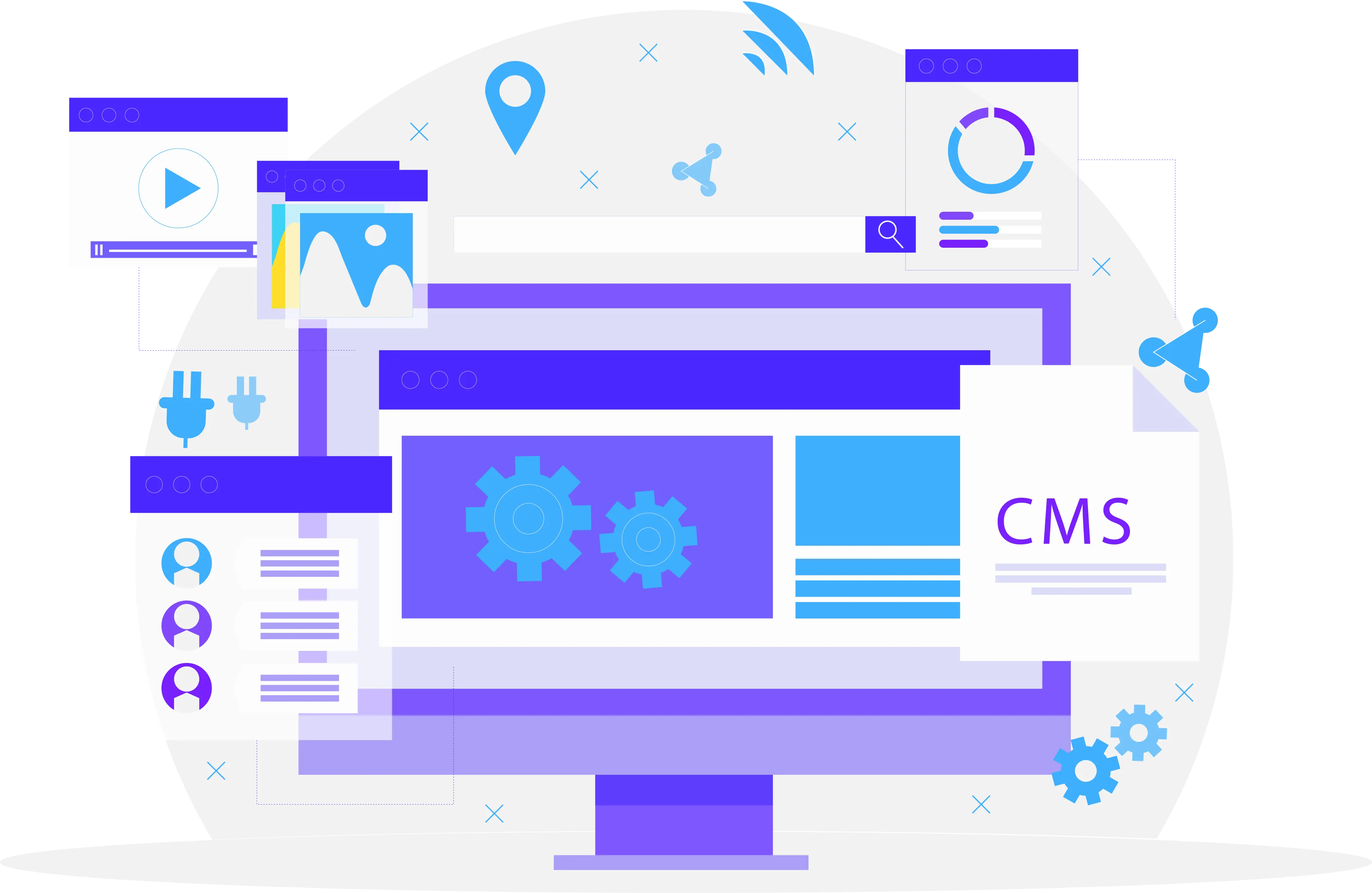 WordPress CMS development illustration showing content management interface and customization options