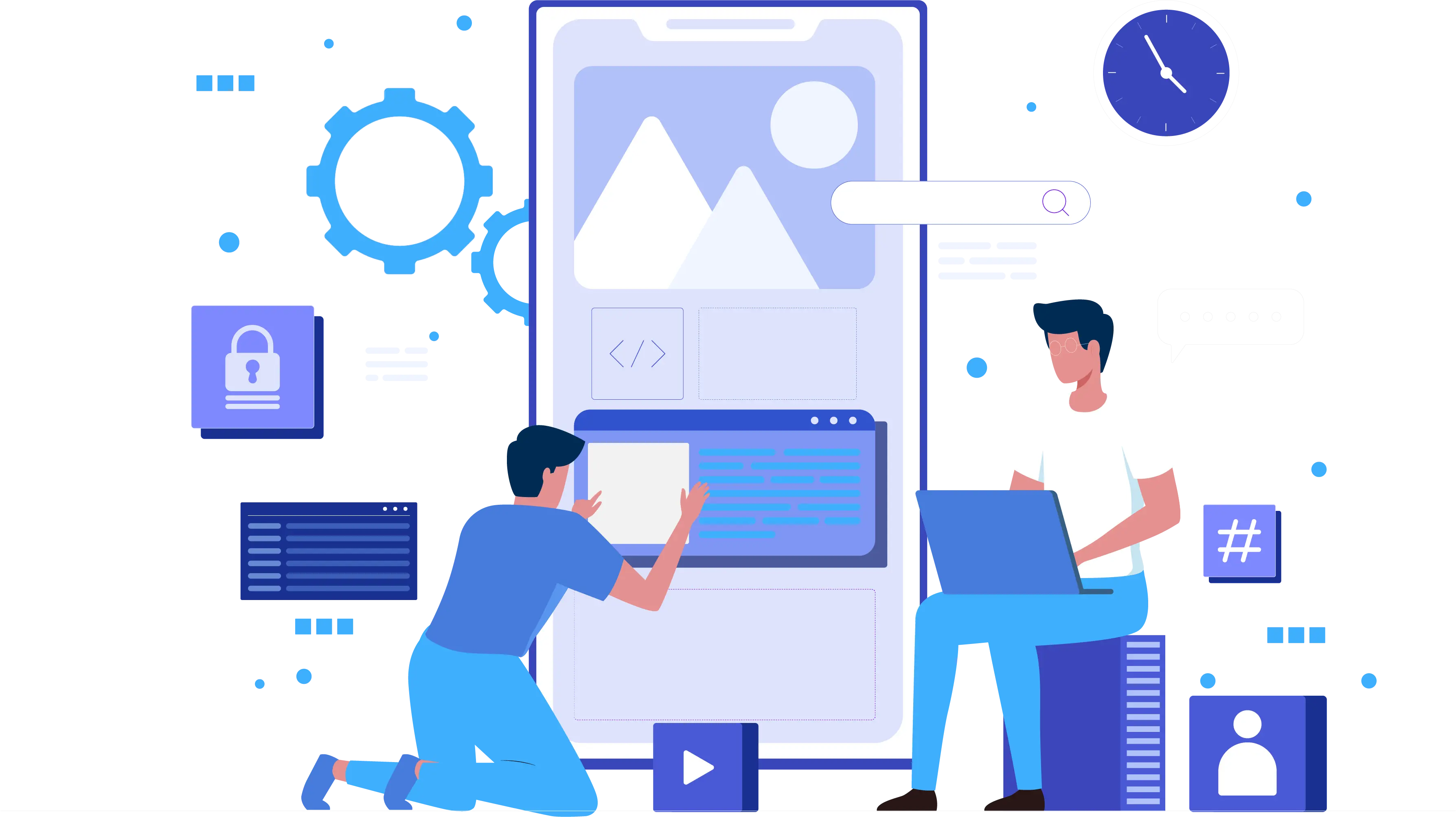 Mobile app development illustration featuring smartphone interface design and user experience elements
